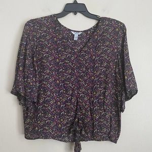 Arizona XXL Plus Purple Floral Short Sleeve V-Neck Front Tie Waist Top